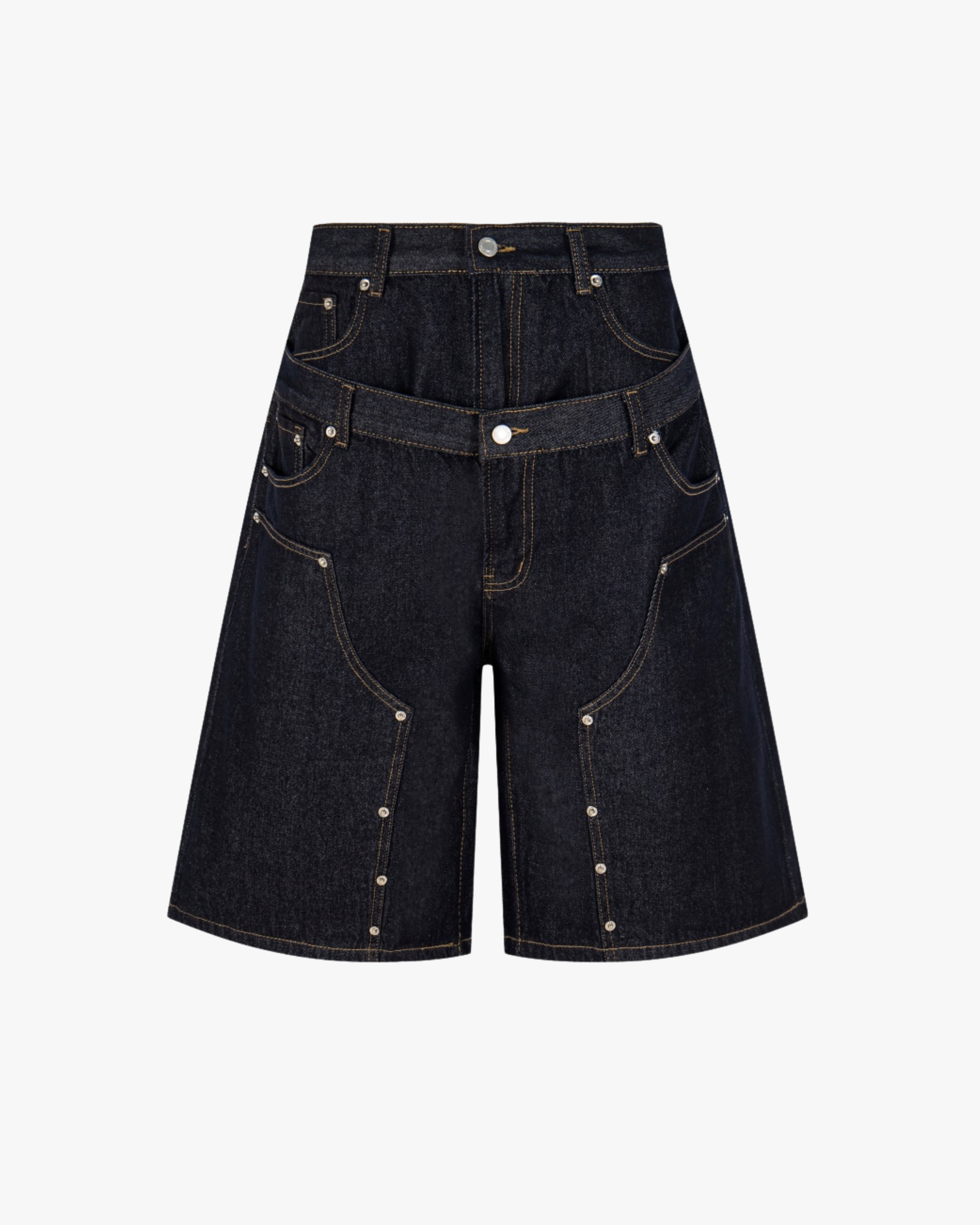 Double Waist Rivet Denim Shorts - Dark Blue