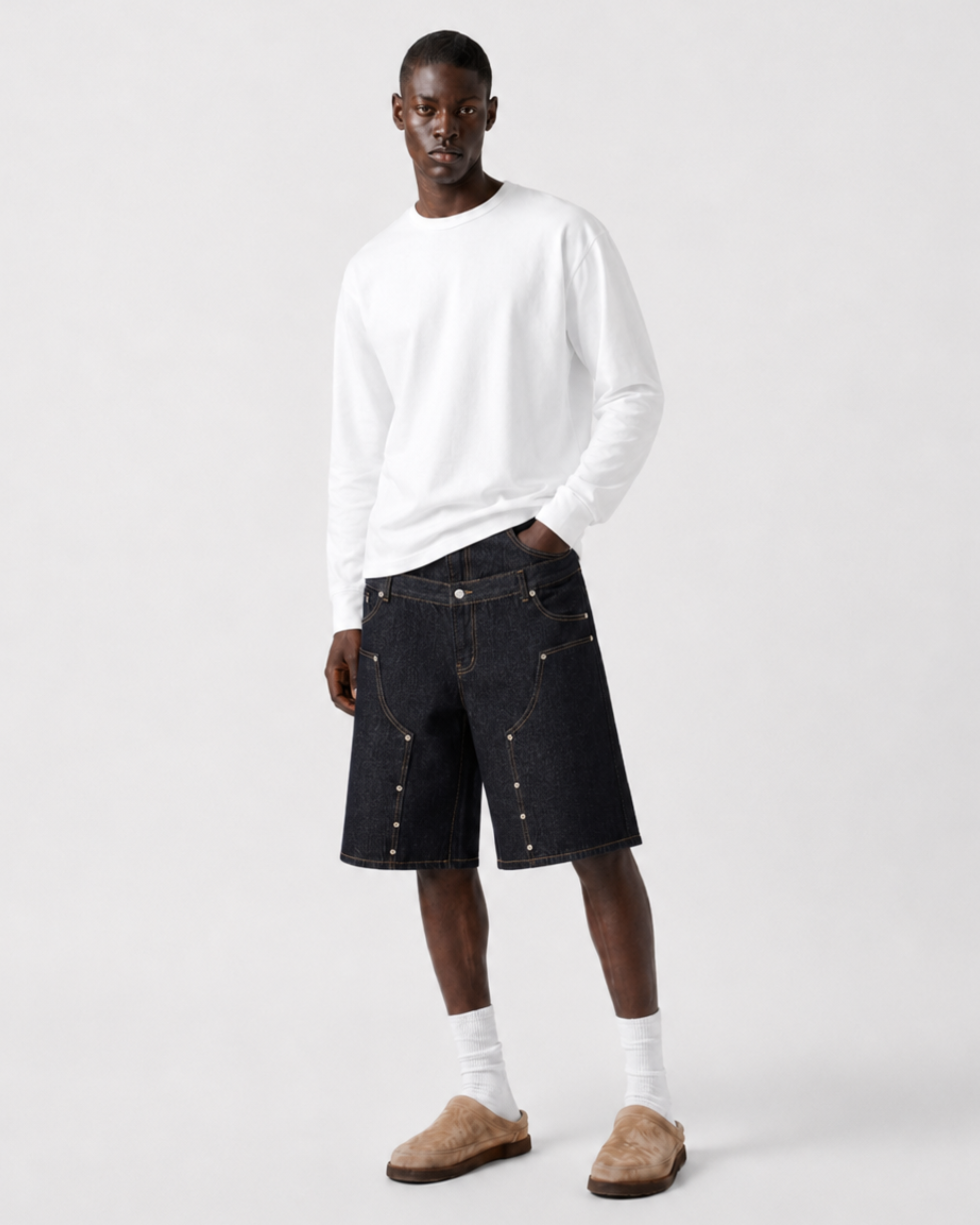 Double Waist Rivet Denim Shorts - Dark Blue