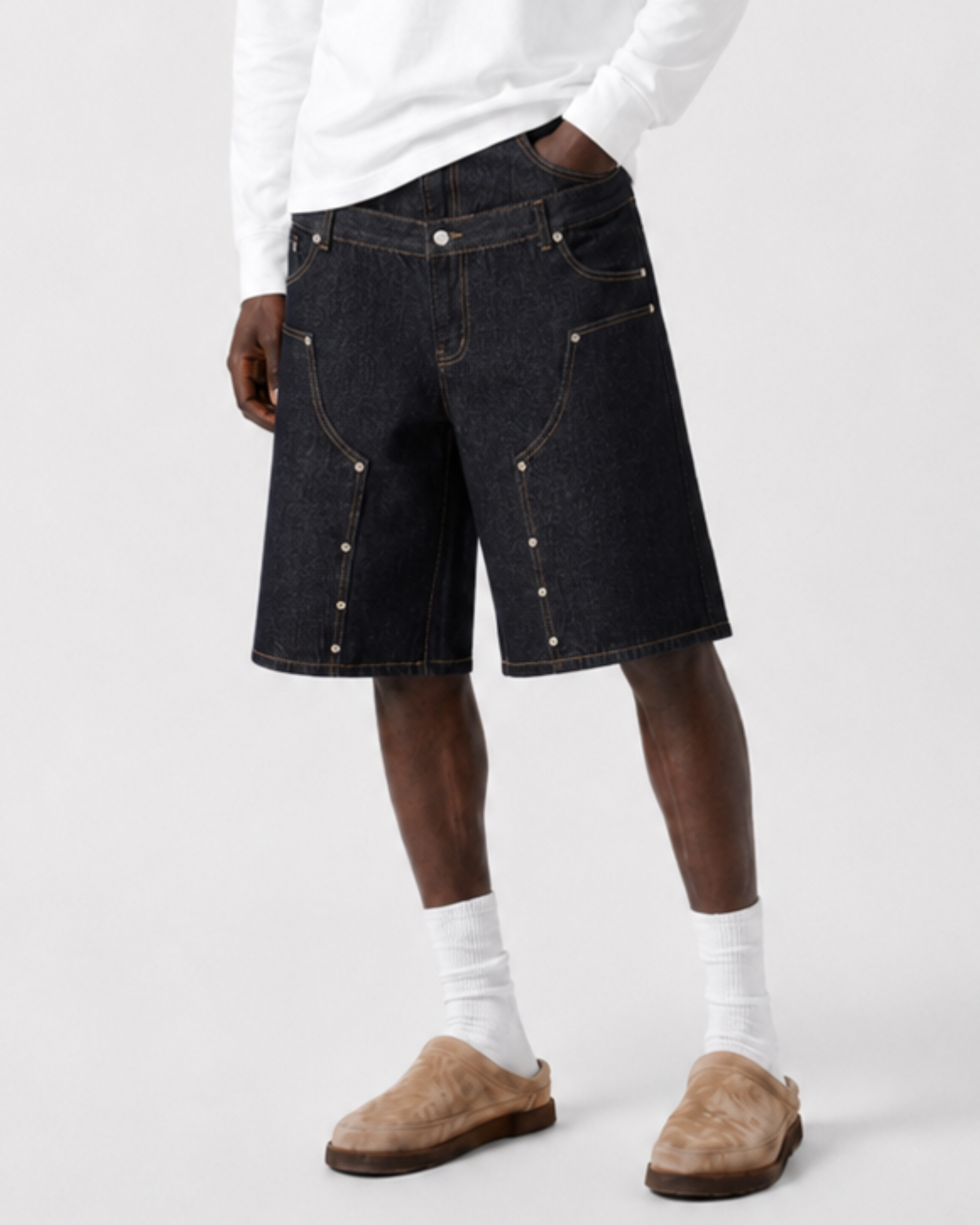 Double Waist Rivet Denim Shorts - Dark Blue